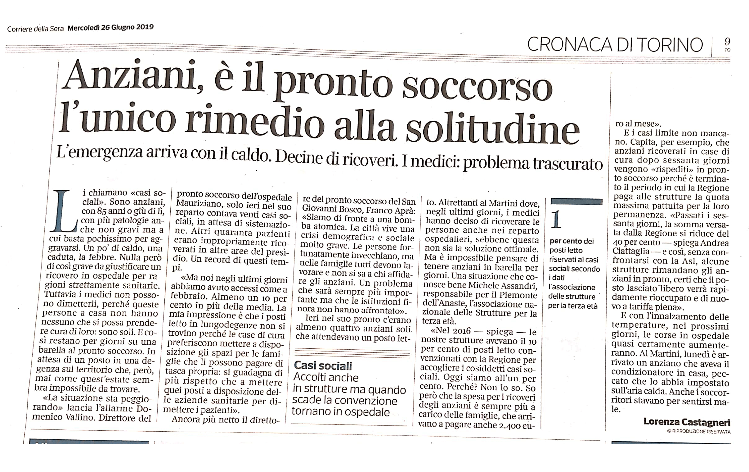 26.6.2019 Corsera Torino Ridotte le continuità assistenziali nelle RSA